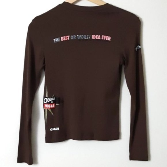 GALA Teens Women Tee Top 100% Cotton Brown Round Neck L-Sleeve White Pink Print - Picture 3 of 13